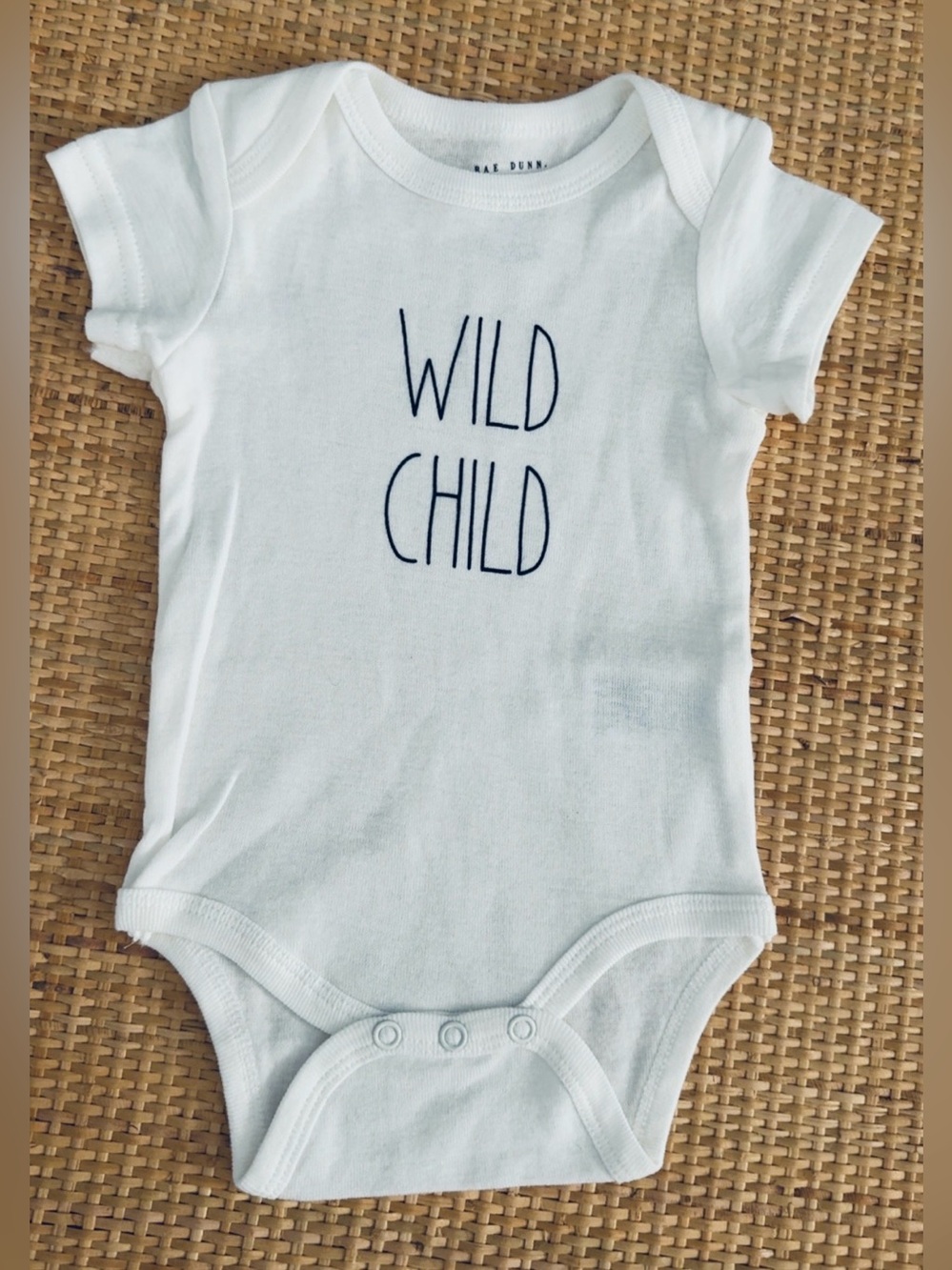 Rae Dunn White Baby One-Piece Bodysuit with Black 'Wild Child' Text•  SIZE 3-6 M